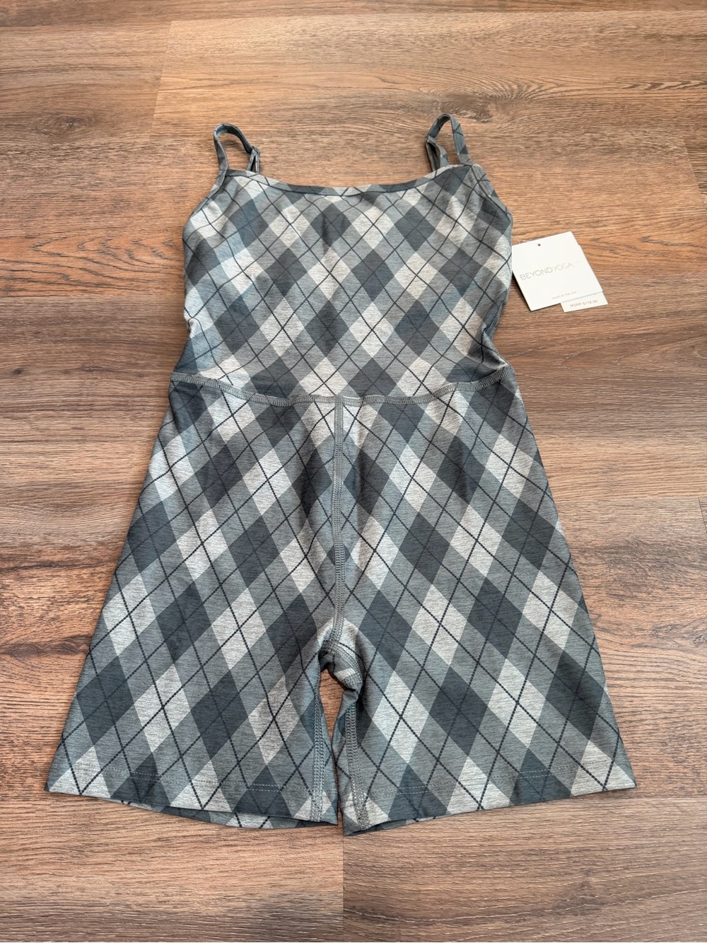 NWT Beyond Yoga Softmark Keep Pace Biker Jumpsuit Grey White Plaid Size Small